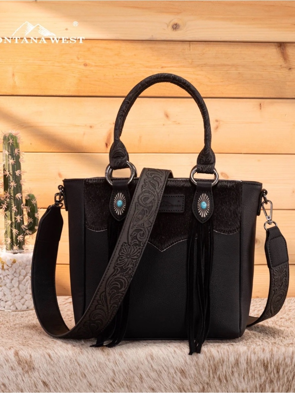 Montana West Black Satchel with Gray Hair-On Accent and Turquoise Conchos - Picture 8 of 9